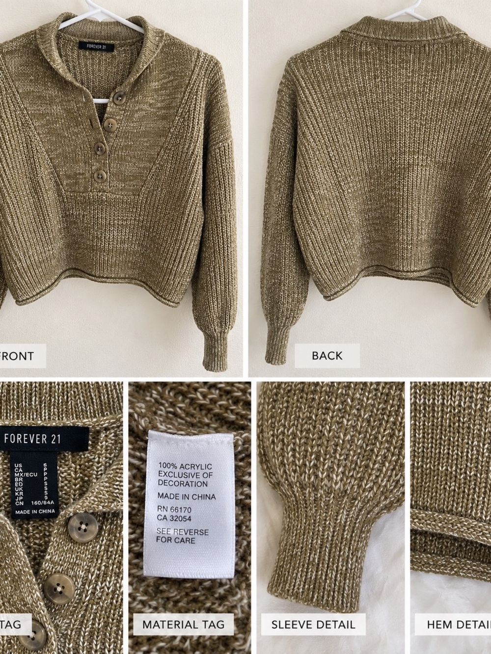 Forever 21 Olive Green Cropped Button Pullover Sweater